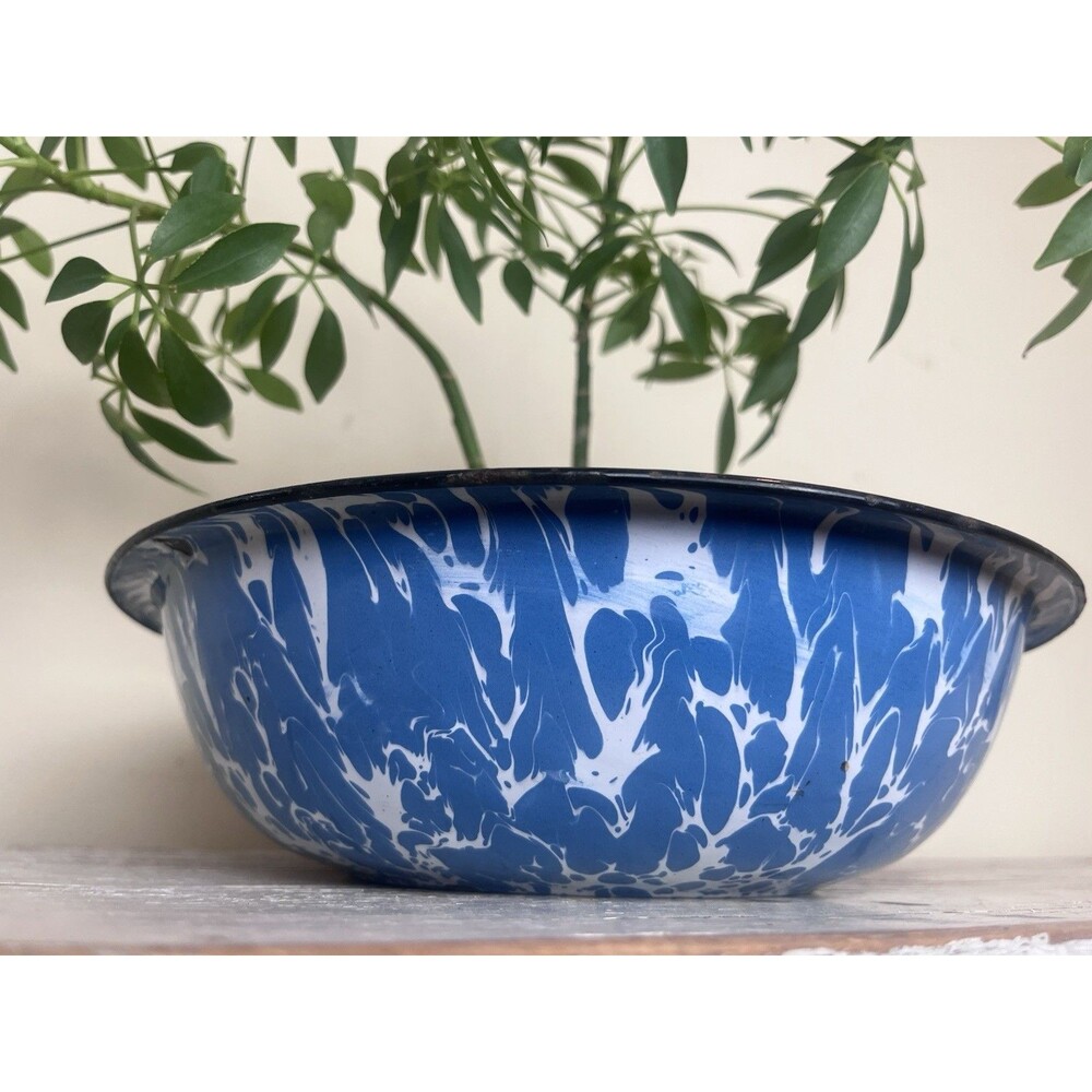 Vintage Rustic Blue & White Swirl Enamelware Round Wash Pan Basin Hang Hole